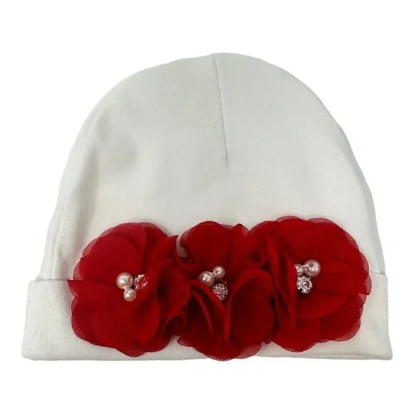 Handmade Infant Girl Beanie Hat Red White Neutral Christmas Holidays Valentines - Picture 3 of 11